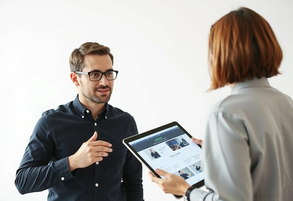 Designér weblayer prezentuje wireframes a mockup webové stránky klientovi na tabletu.