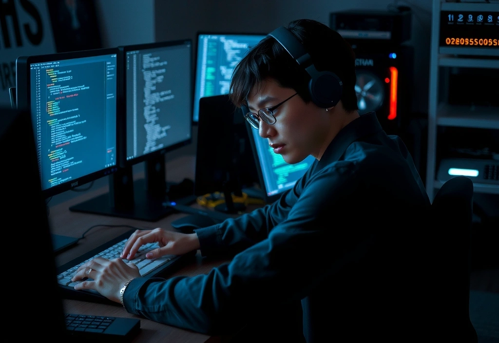 Programátor weblayer píše kód na více monitorech, obklopen technologickým vybavením.