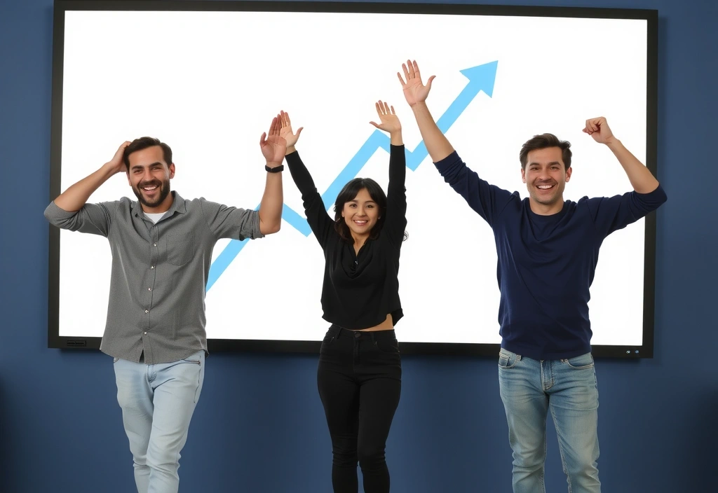 Tým weblayer oslavuje spuštění nového webu, s grafem úspěchu na pozadí.