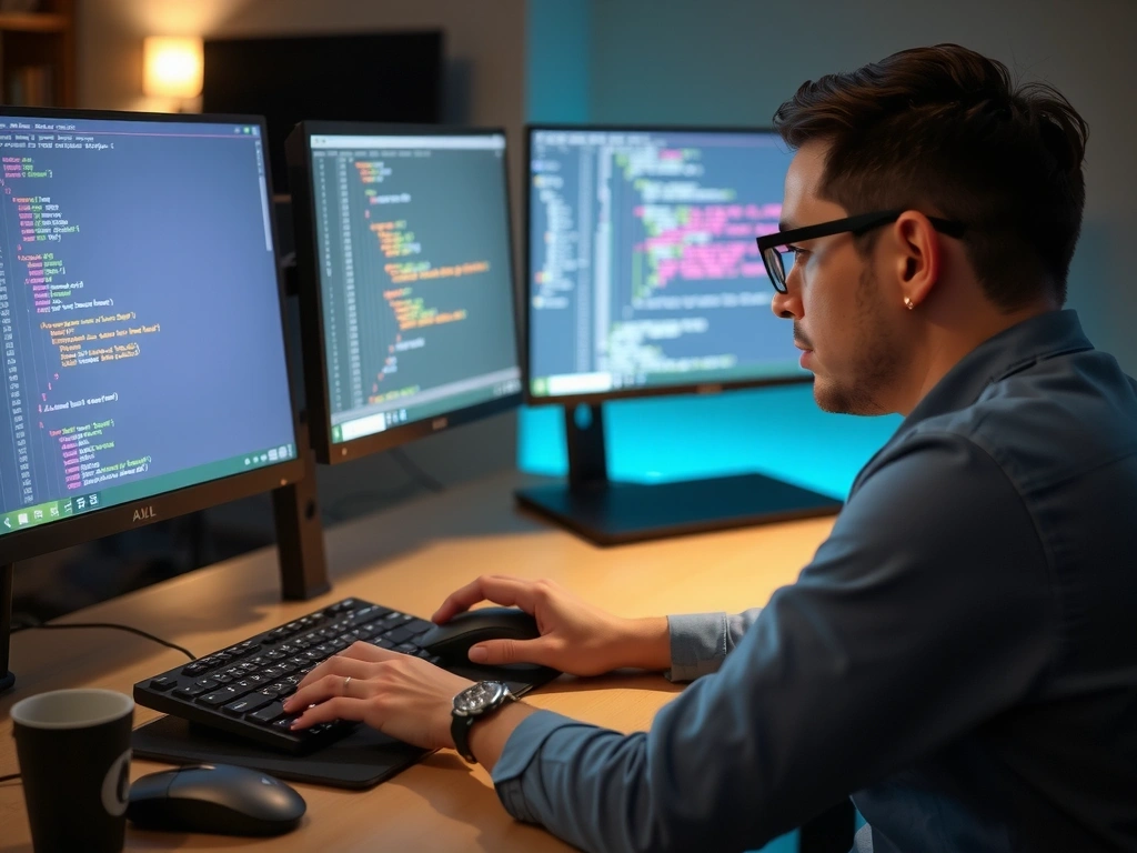 Developer working on code, showing a clean and modern development environment with multiple screens and code snippets