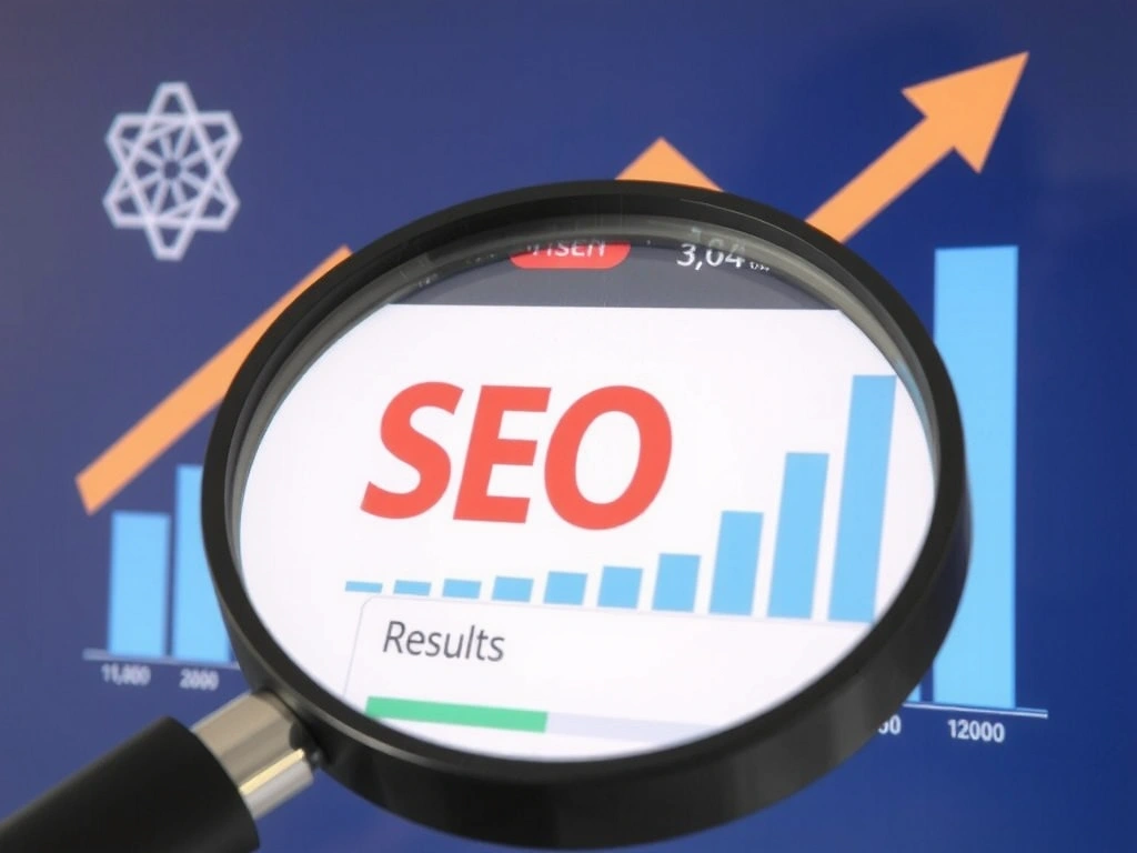 Magnifying glass focusing on search results with upward trending graphs in the background, symbolizing SEO analysis and growth