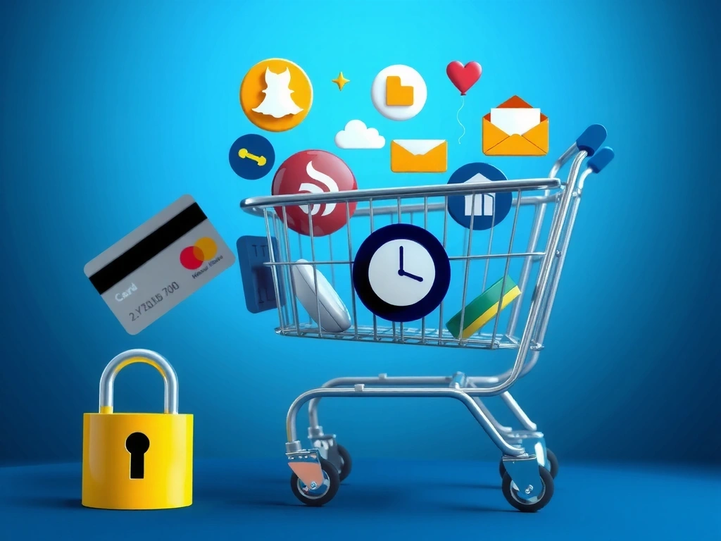 Online shopping cart with various products, credit card, and a secure lock icon, representing e-commerce security