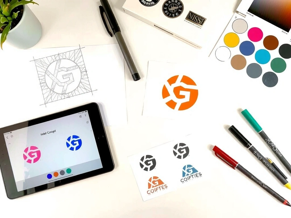 Sketch of a logo design process, with color palettes, typography samples, and design tools on a desk, representing creative graphic design